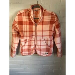 The North Face Girls Fleece Jacket Plaid‎ Pink Zip Up Kids L 14 16